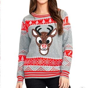 WOMEN'S SEQUIN RUDOLPH LIGHT UP UGLY CHRISTMAS SWEATER